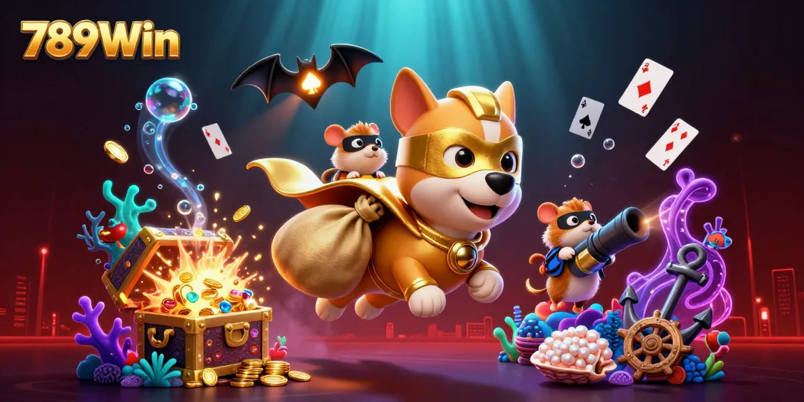 Experience the thrill of 789Win as the superhero dog flies with gold coins amid vibrant casino elements.