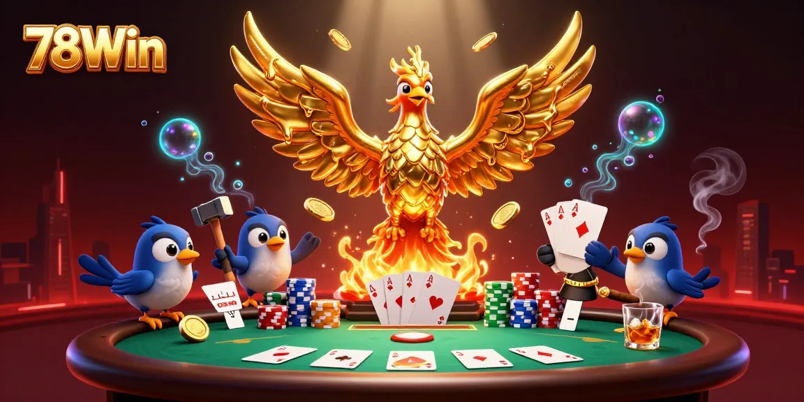 Experience the excitement of 78Win with vibrant casino action and golden phoenix rising in a rich 3D illustration.